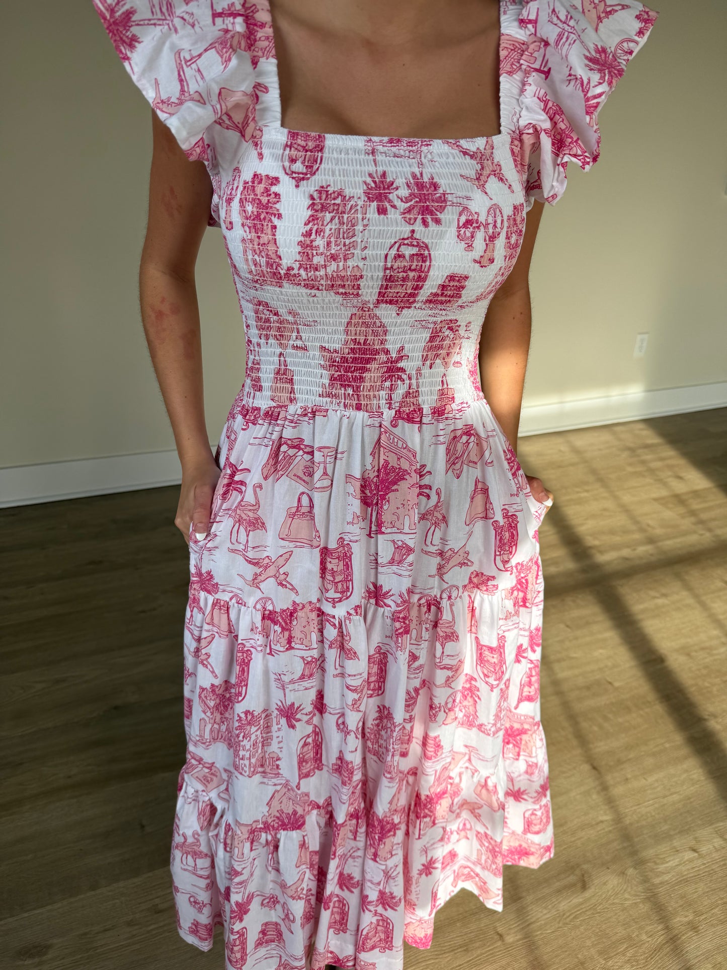 PINK TOILE SMOCKED FLUTTER SLEVE DRESS