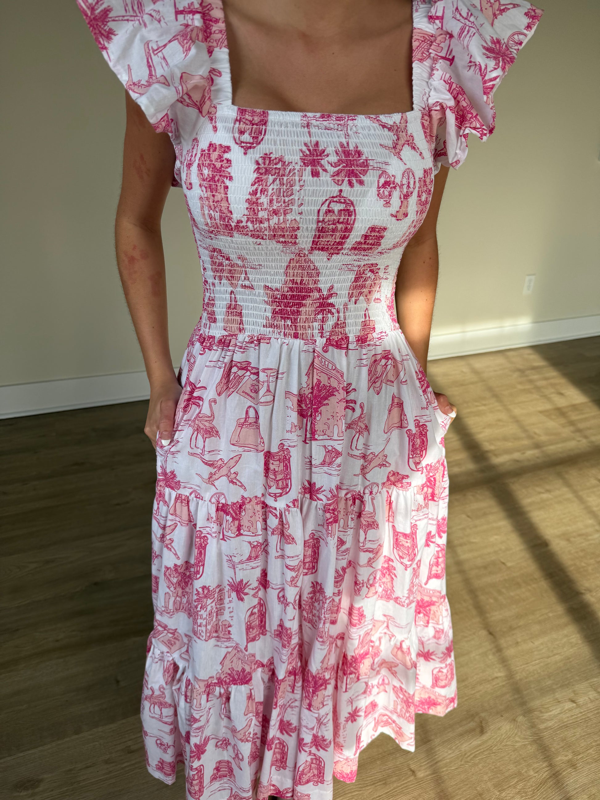 PINK TOILE SMOCKED FLUTTER SLEVE DRESS