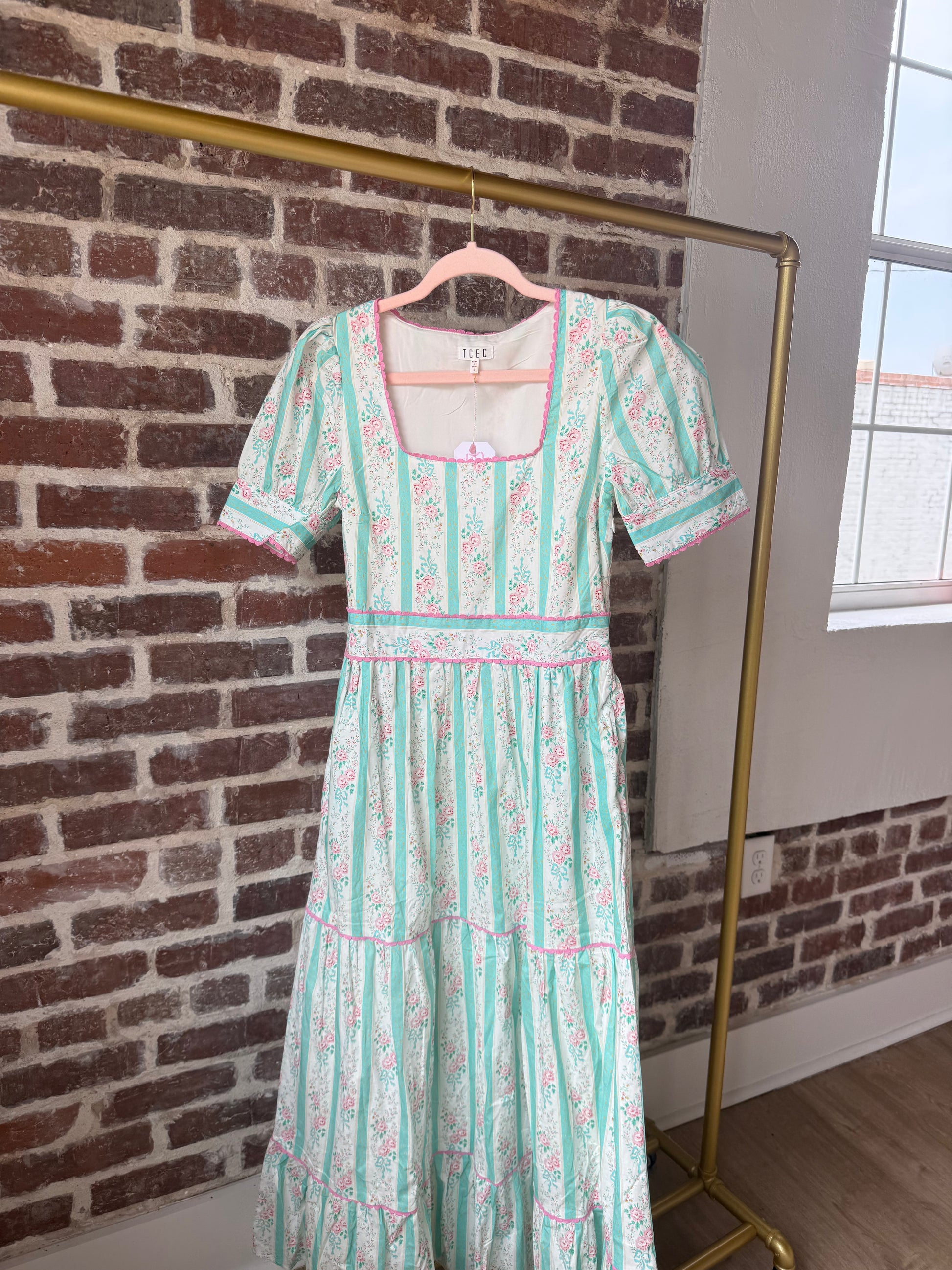 *Striped Floral Cinched Waist Midi Dress