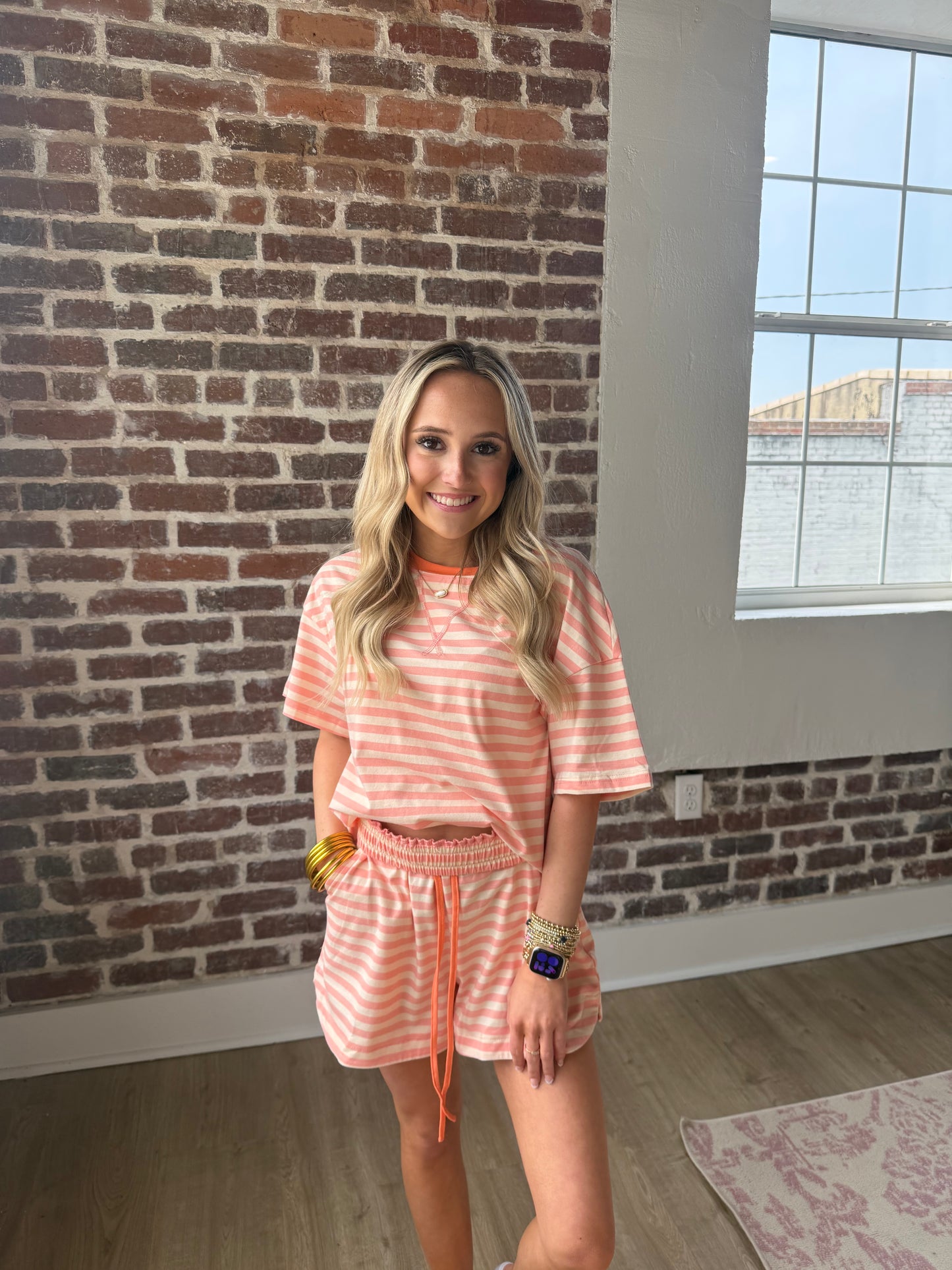 Peach Stripe Shorts Set
