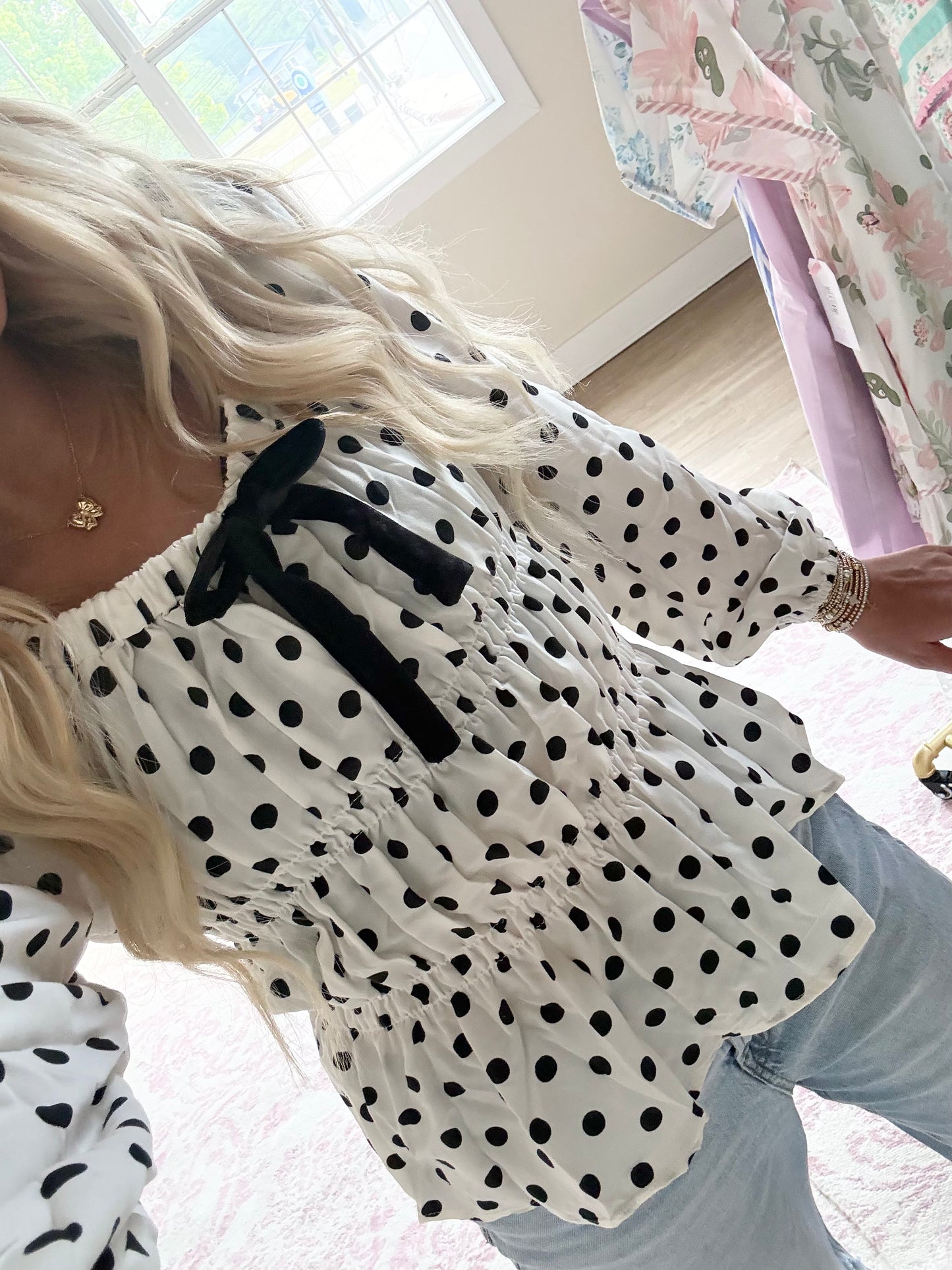 Polka Dot Puff Sleeve Bow Square Neck Peplum Top