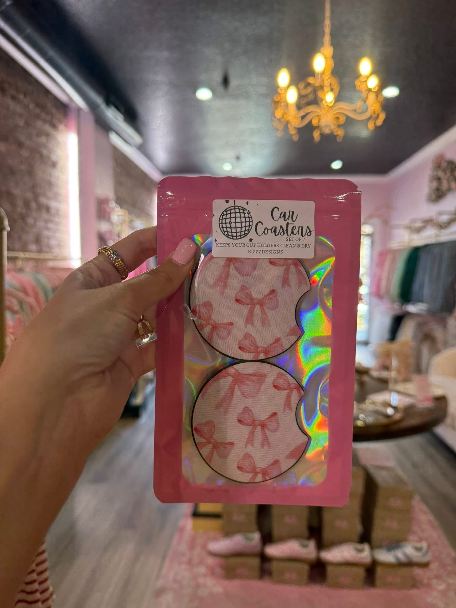 Pink Bow Coquette Car Coasters | Bow Car Coasters Set of 5