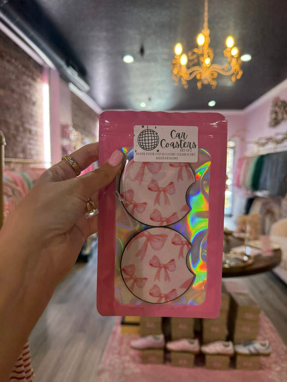 Pink Bow Coquette Car Coasters | Bow Car Coasters Set of 5