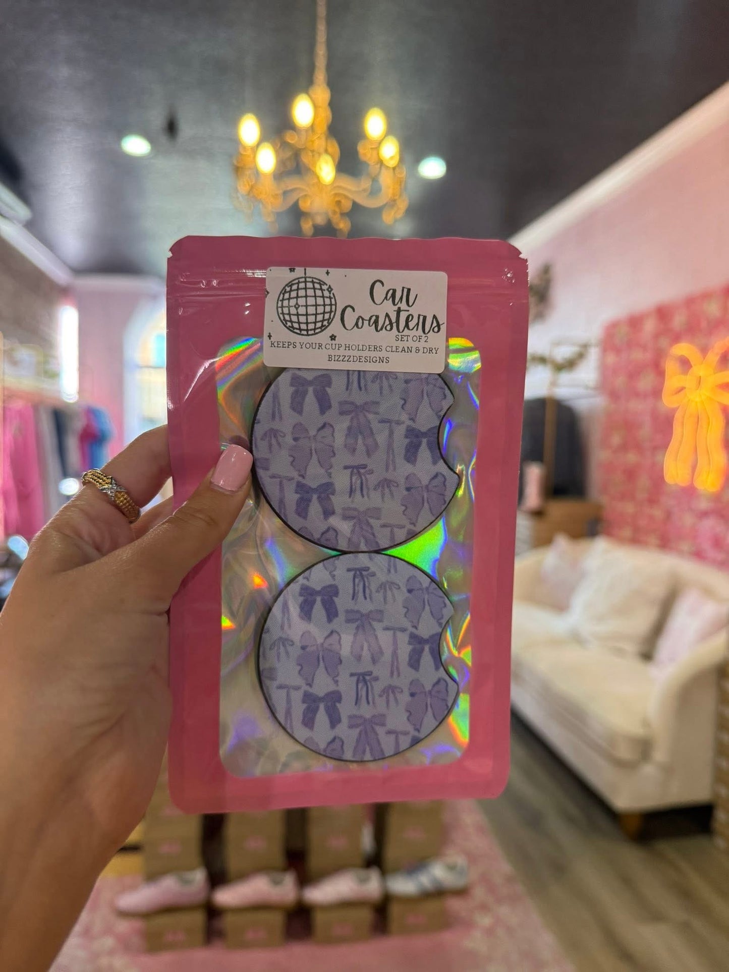 Blue Bow Coquette Car Coasters | Bow Car Coasters Set of 5