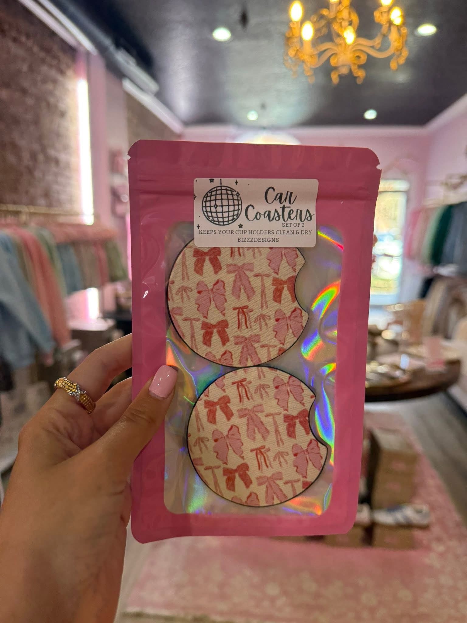 Pink Bow Coquette Car Coasters | Bow Car Coasters Set of 5