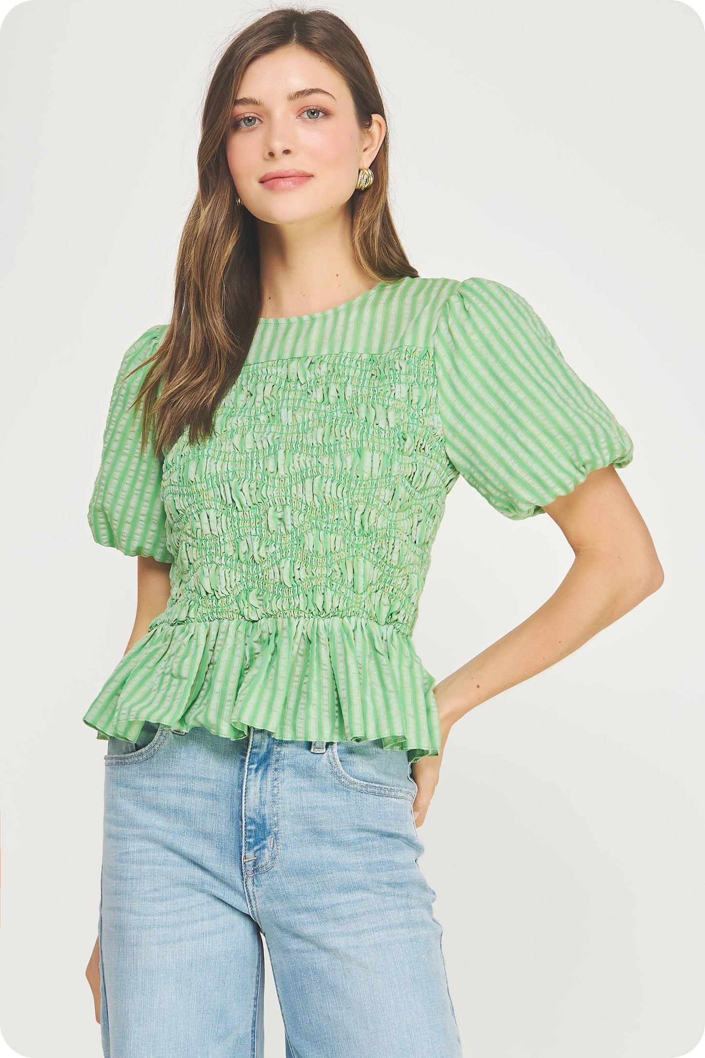 Wavy Smocking Detail Short Puff Sleeve Top