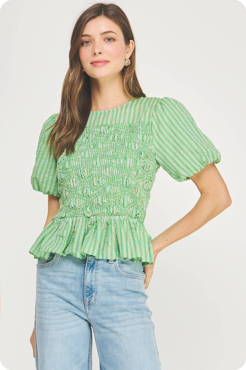 Wavy Smocking Detail Short Puff Sleeve Top