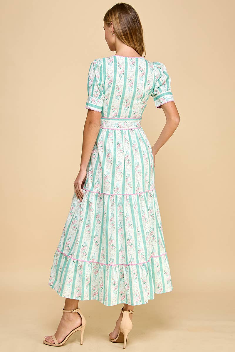 *Striped Floral Cinched Waist Midi Dress