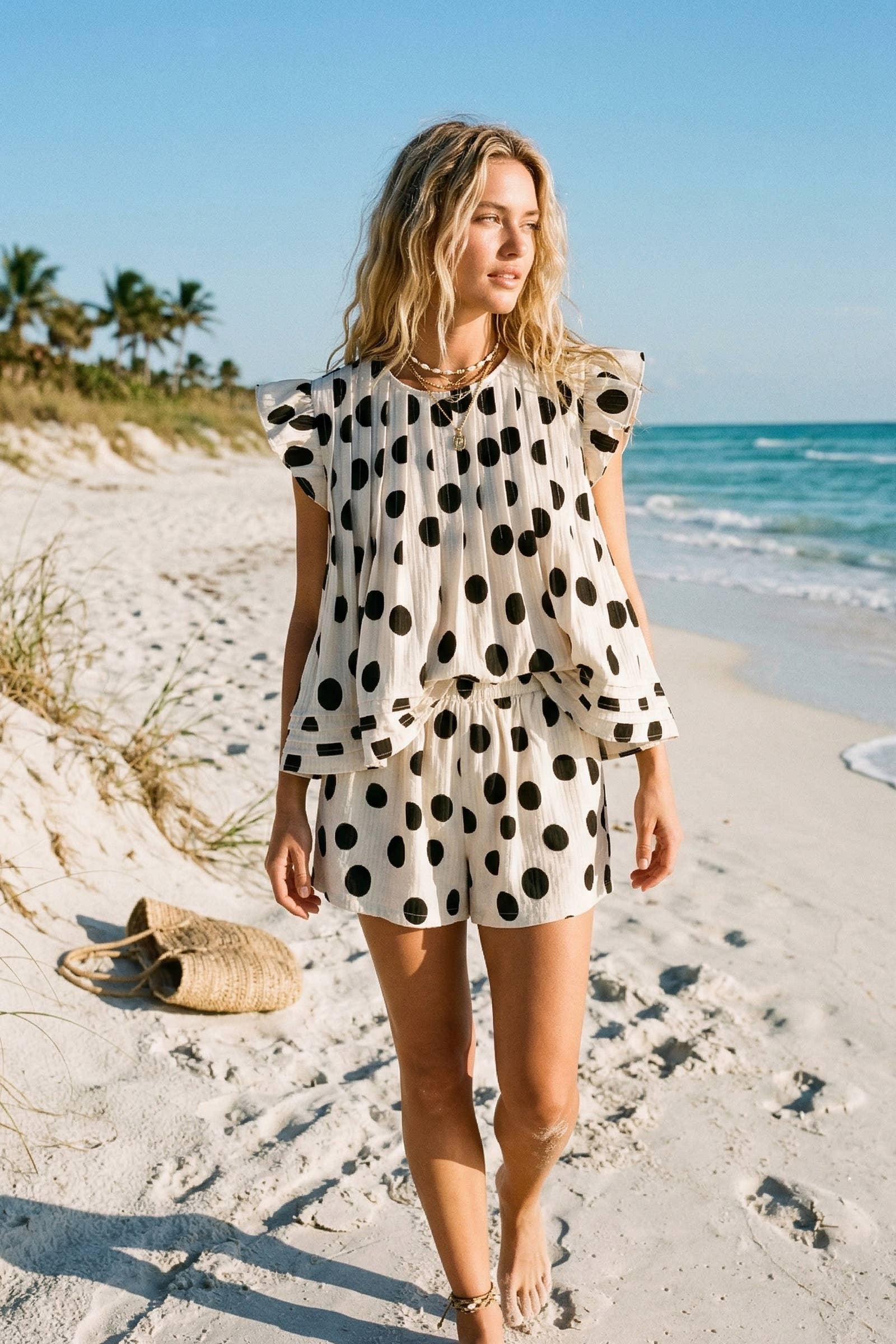 Polka Dot Ruffle Trim Top and Shorts Set