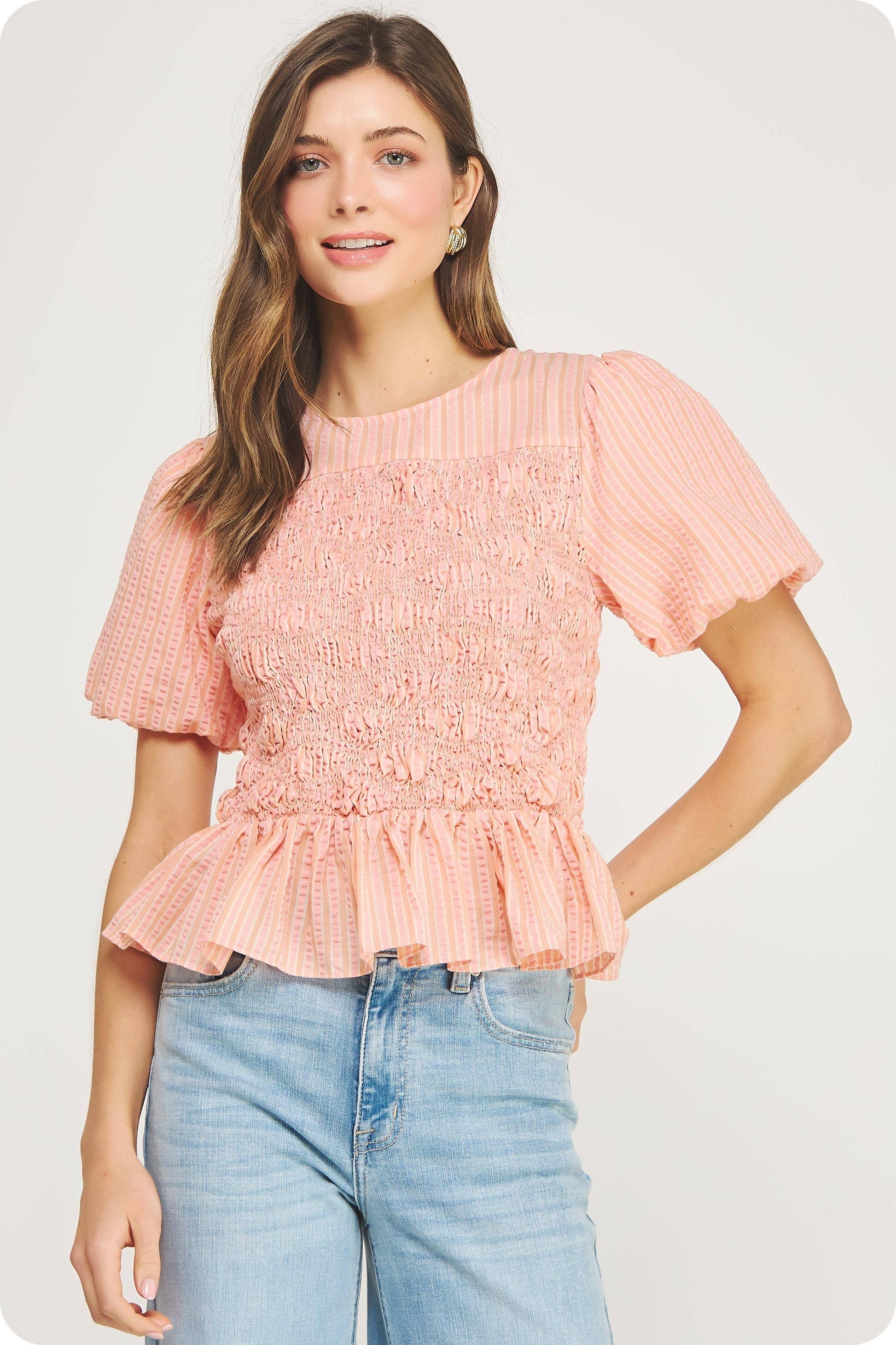 Wavy Smocking Detail Short Puff Sleeve Top