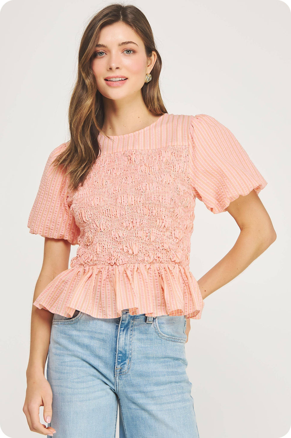 Wavy Smocking Detail Short Puff Sleeve Top