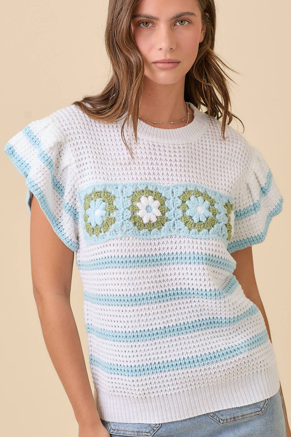 Crochet Flower Stripe Short Sleeve Knit Top Ready to Ship