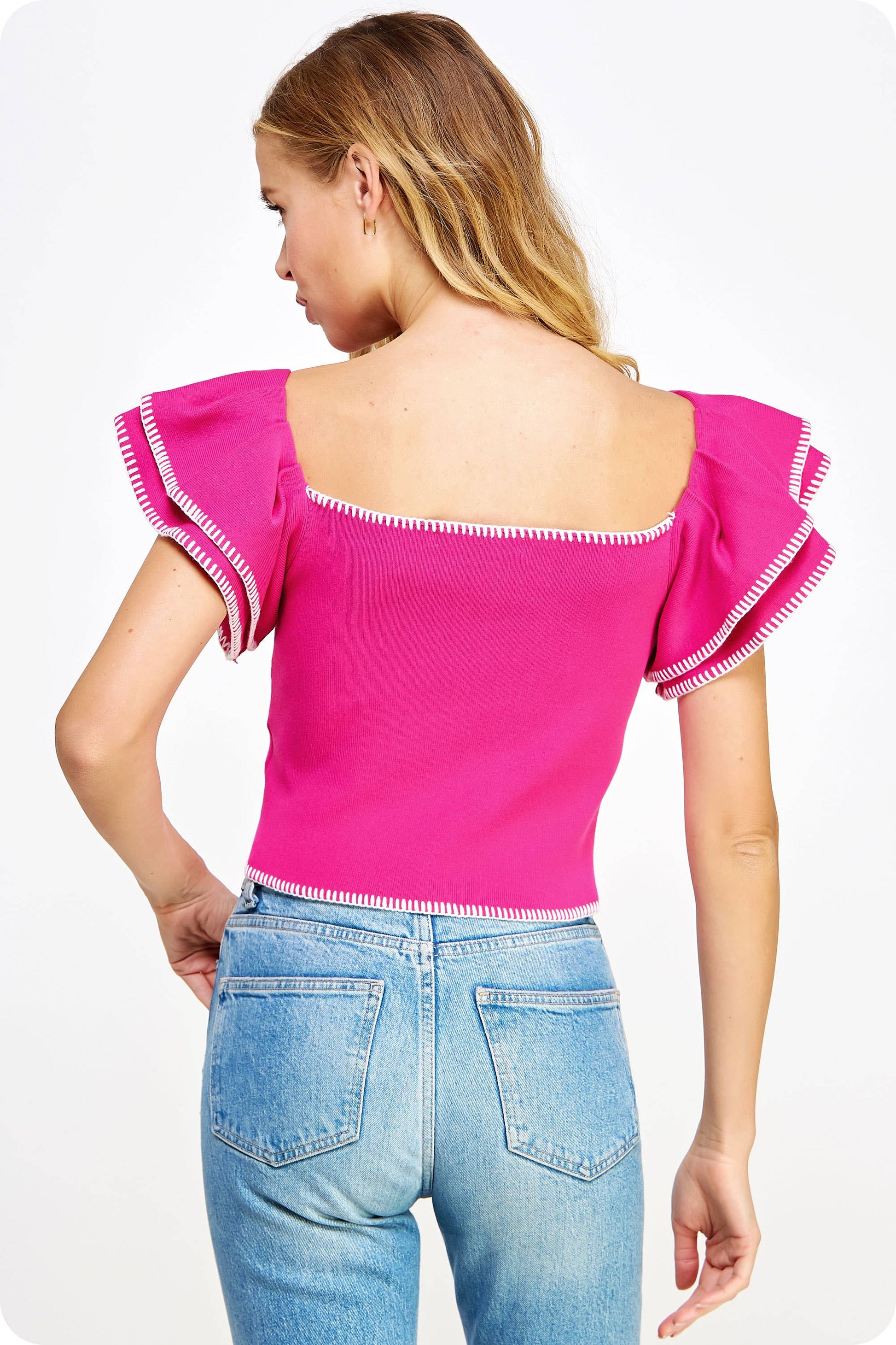 Embroidered Double Ruffled Short Sleeve Knit Top