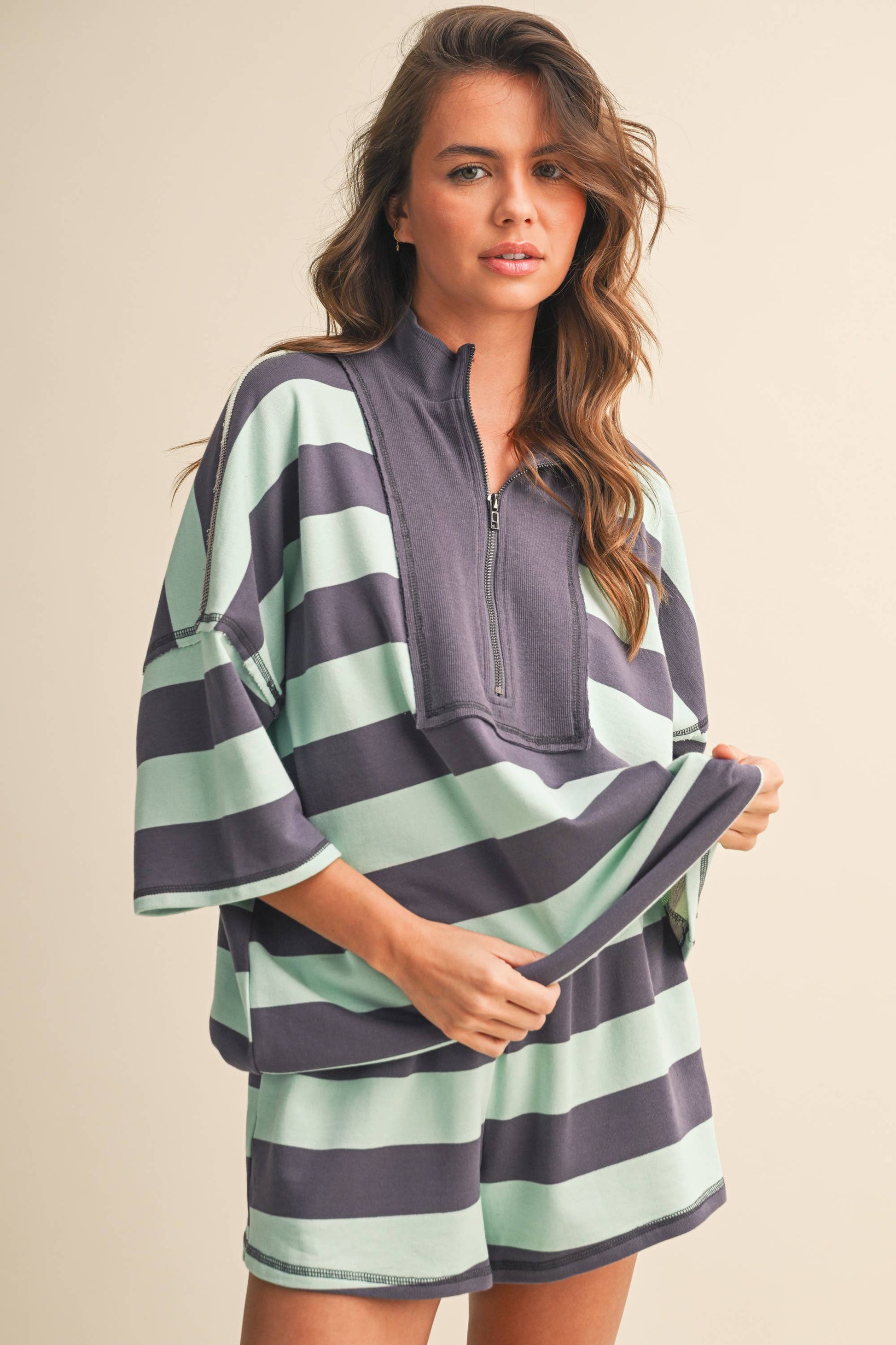 STRIPED HALF ZIP TOP AND SHORTS SET