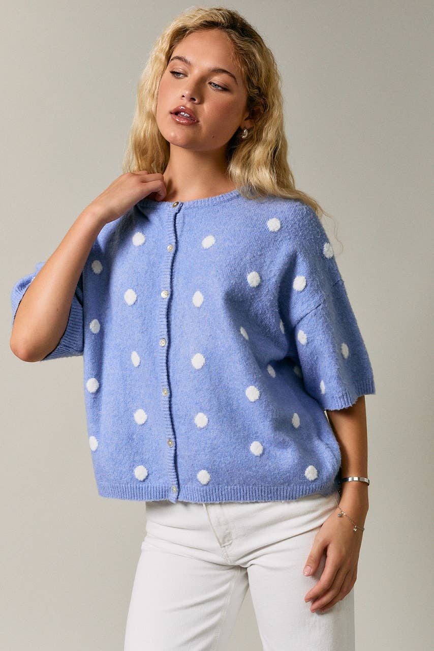 Polka Dot Short Sleeve Crew Neck Knit Cardigan