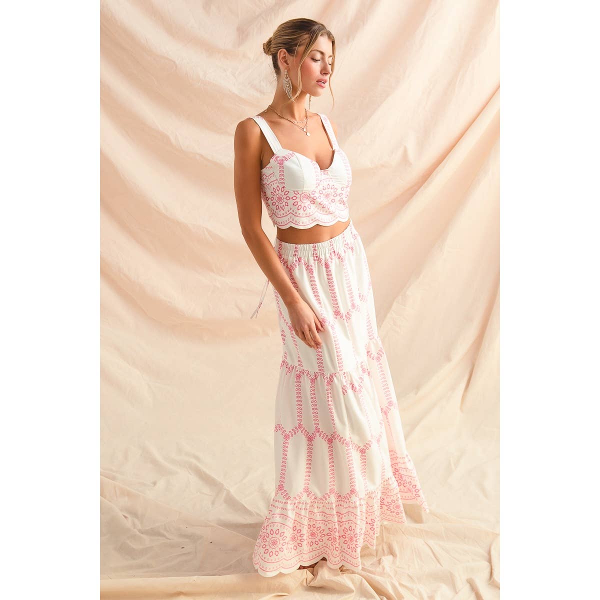 Embroidery Looking Print Woven Top & Skirt Set