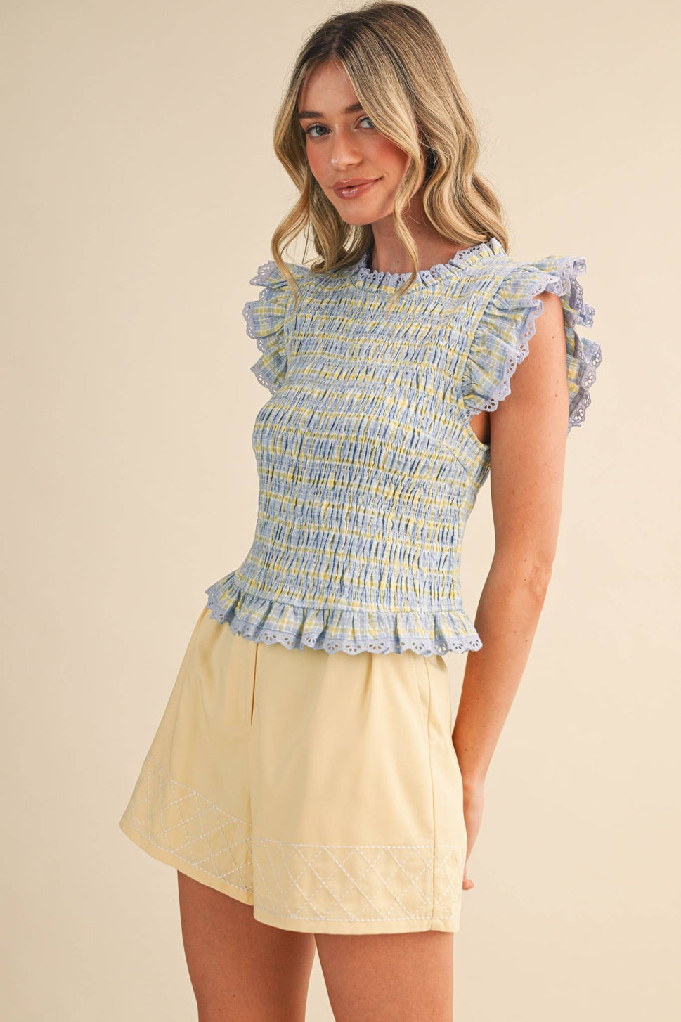 *Pink Plaid Smocked Lace Trim Top