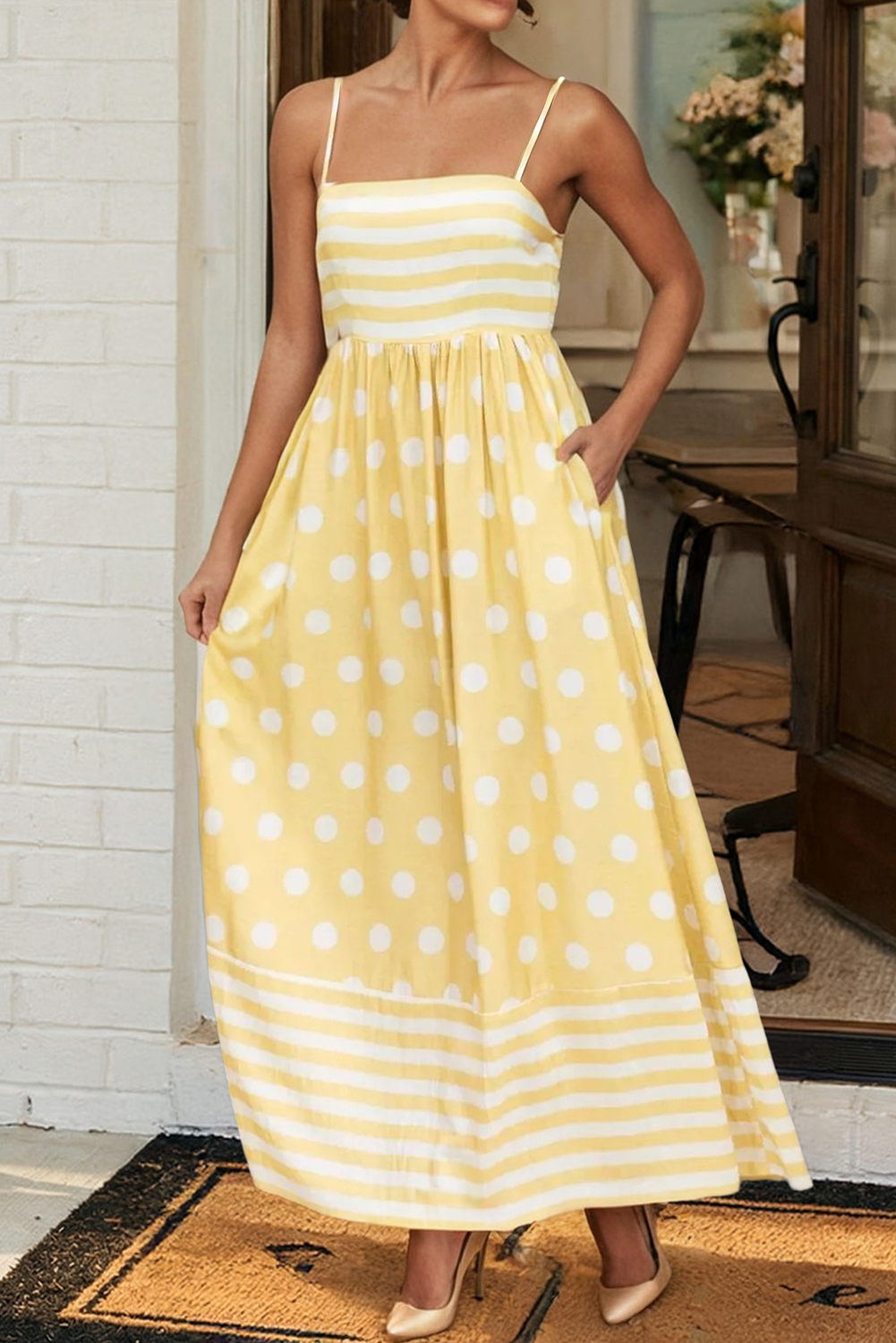 LAS Striped Polka Dot Spaghetti Straps Maxi Dress