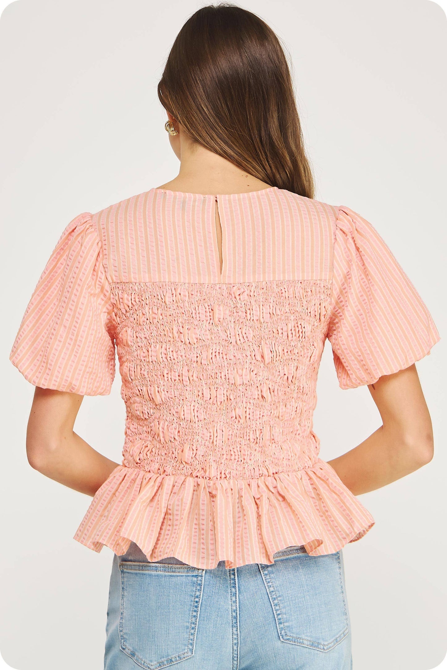Wavy Smocking Detail Short Puff Sleeve Top