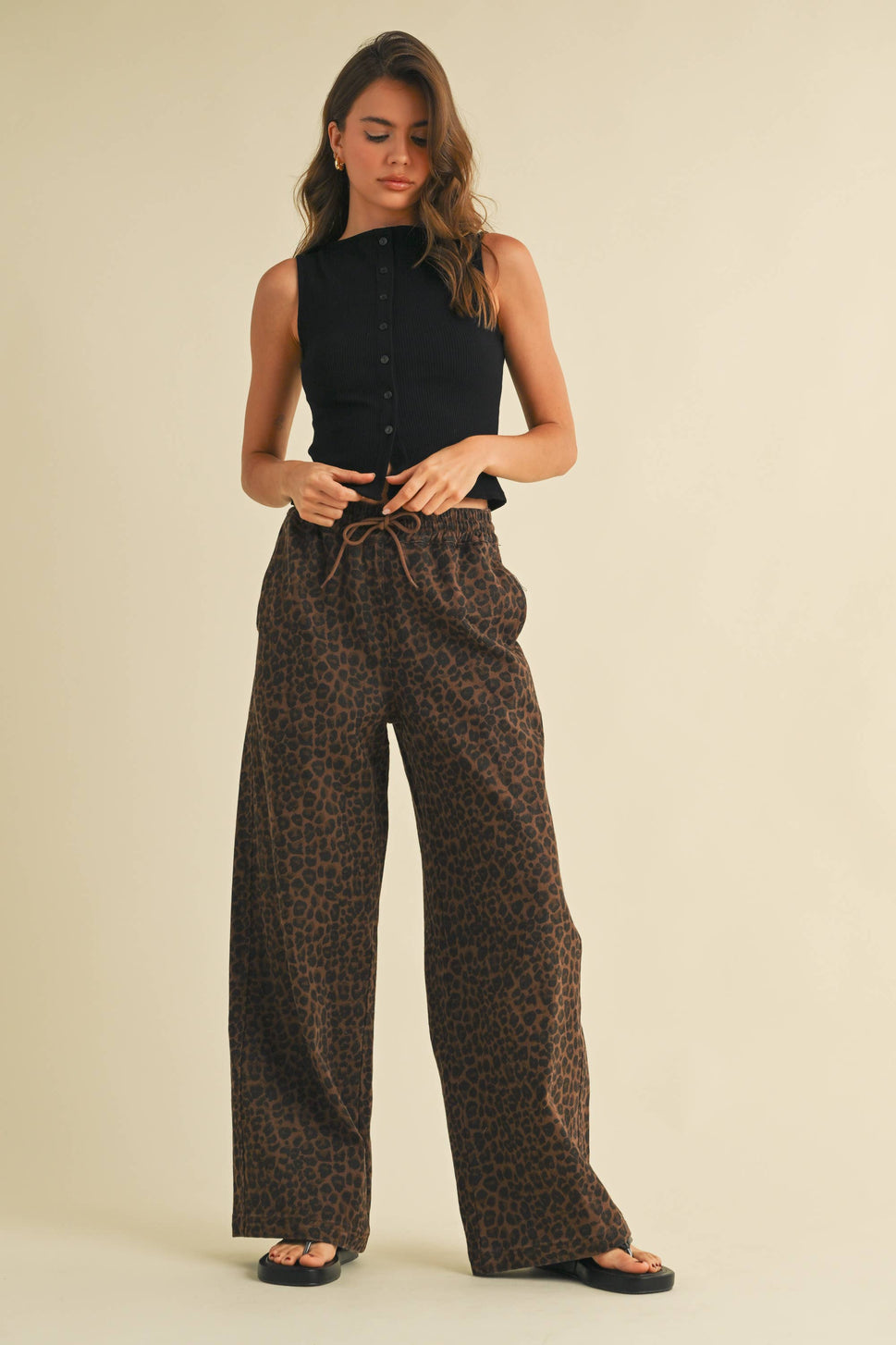 IP1397 LEOPARD PRINT WIDE DENIM TRACK PANTS