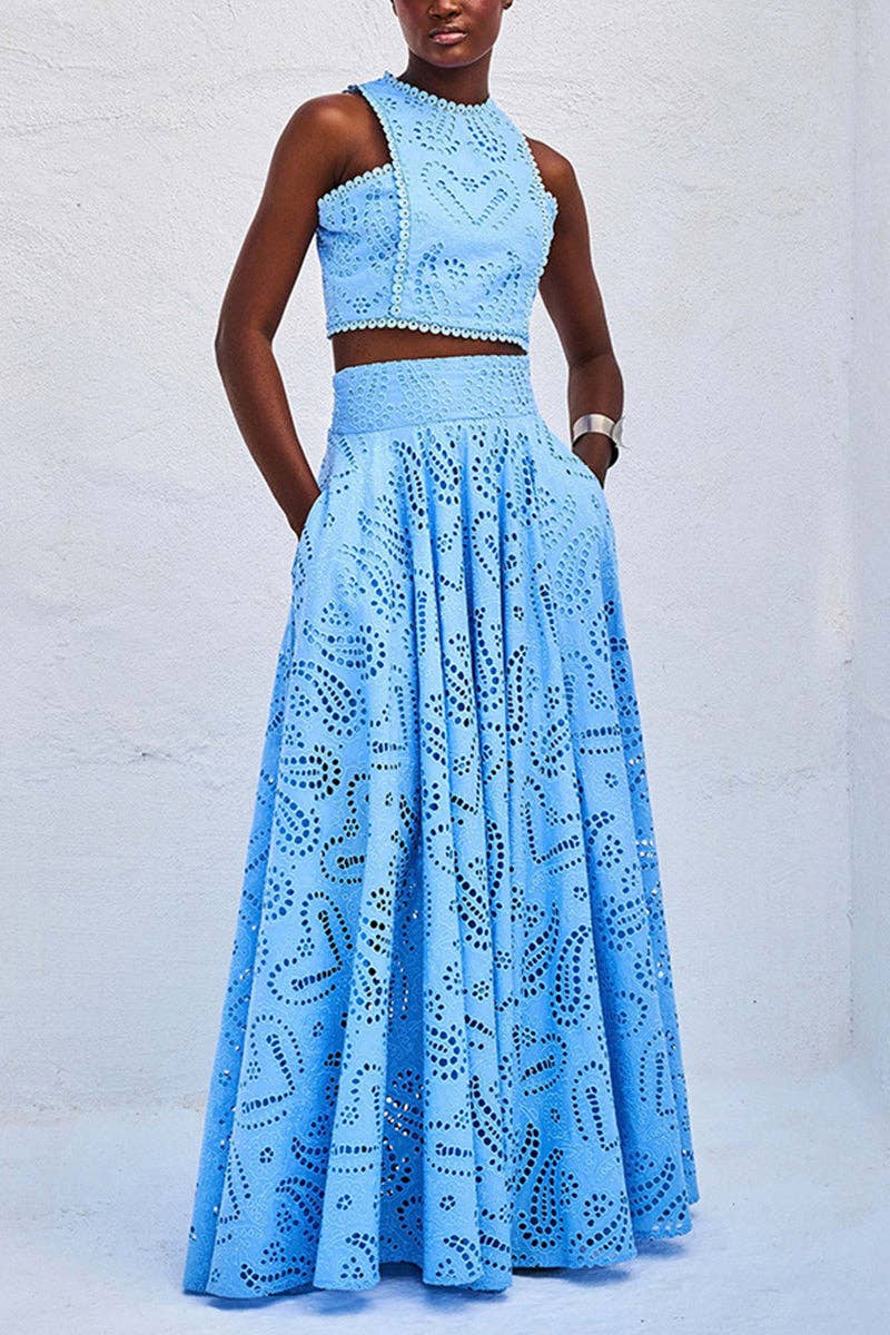 Eyelet Halter Skirt Set