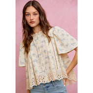 FLORAL PRINT LACE TRIM FLUTTER SLEEVES BLOUSE TOP