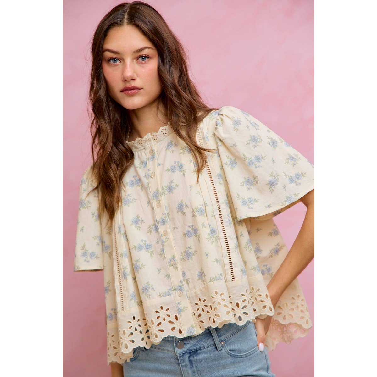FLORAL PRINT LACE TRIM FLUTTER SLEEVES BLOUSE TOP