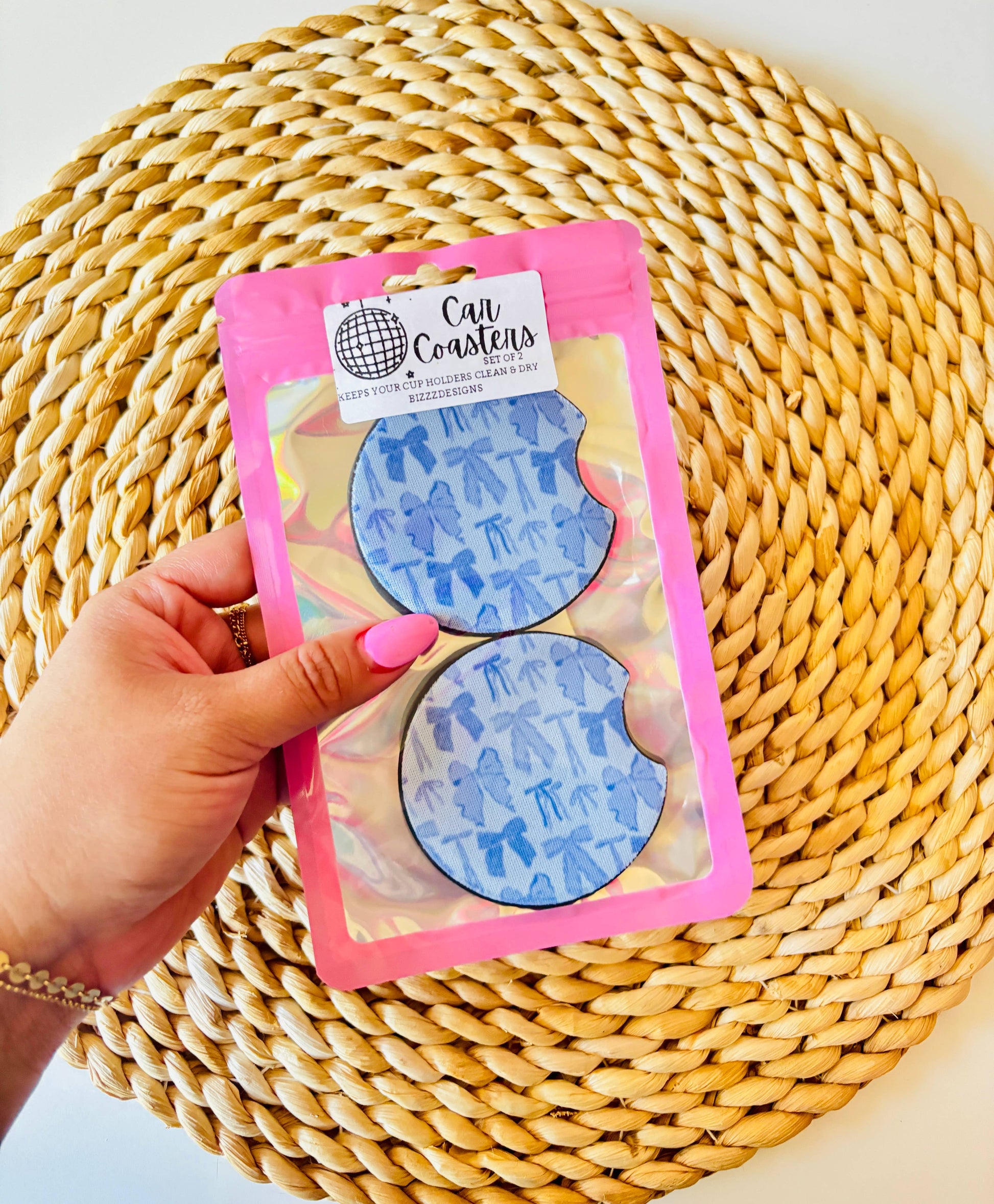 Blue Bow Coquette Car Coasters | Bow Car Coasters Set of 5