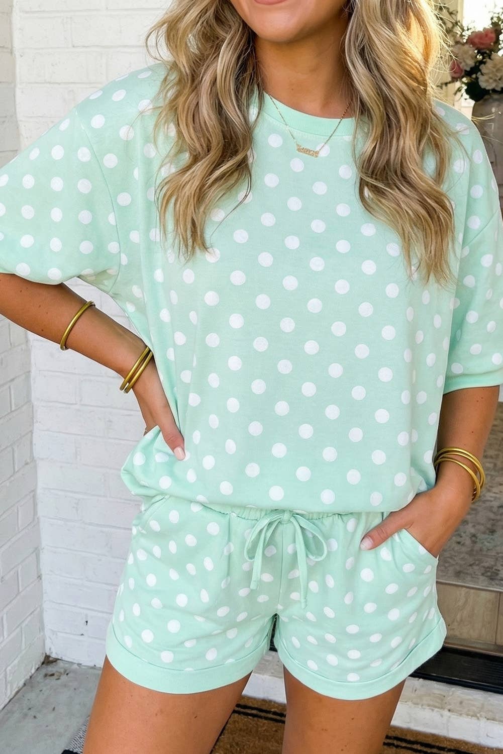 LAS-LIVE Polka Dot Print Top Drawstring Shorts Set