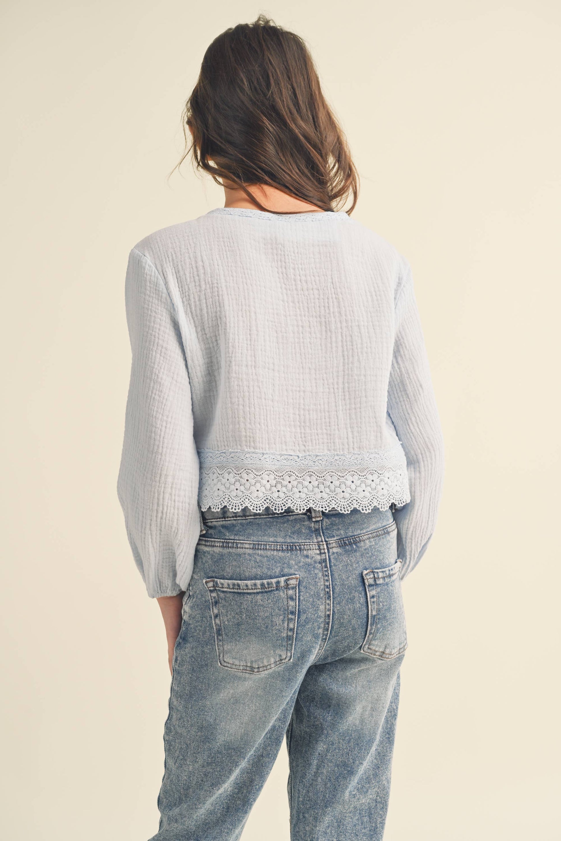 TWEEN KIDS GIRLS LONG SLEEVE BUTTON DOWN CROPPED TOP