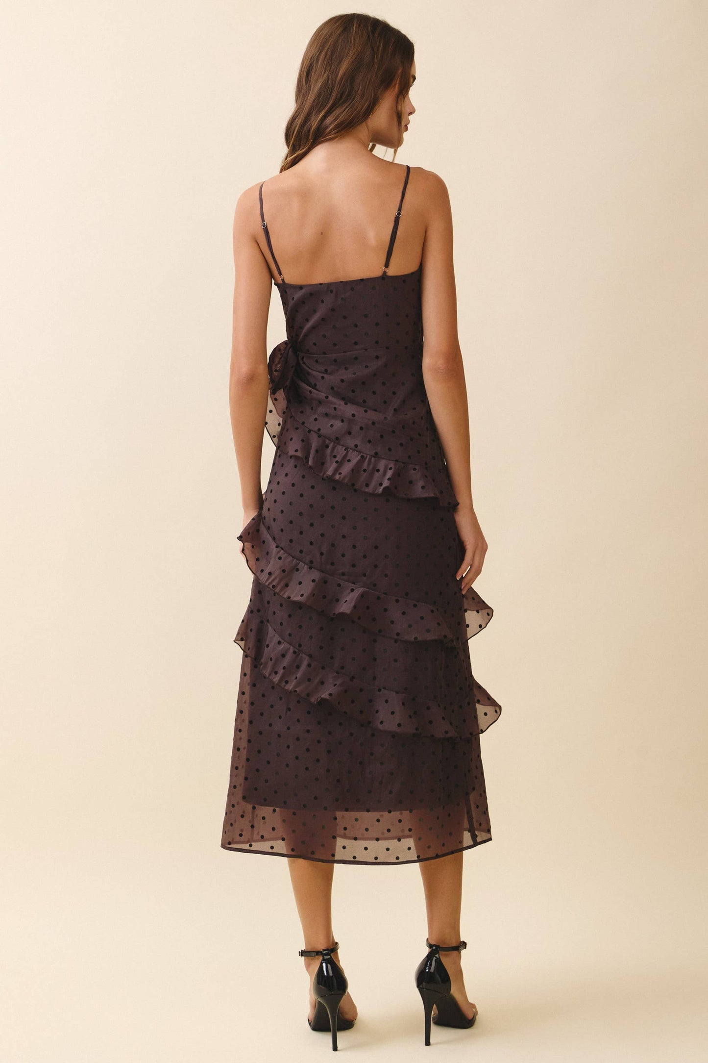 Surplice Neck Cascading Ruffle Polka Dot Dress