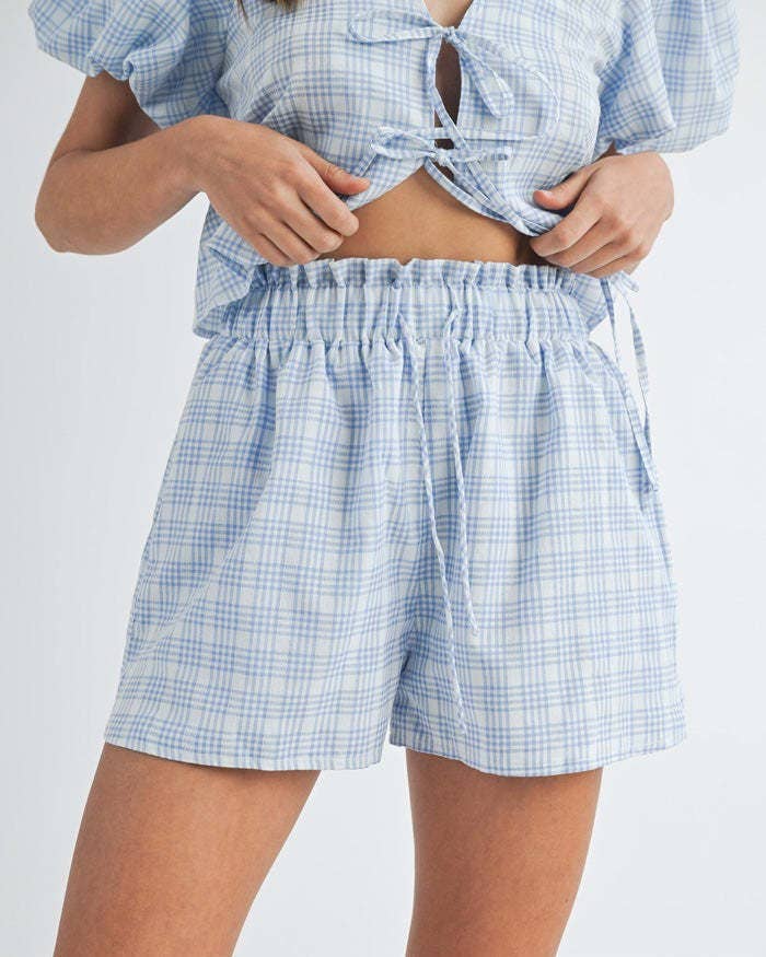 V-NECK LACE UP PUFF SLEEVE TOP SHORTS PLAID SET
