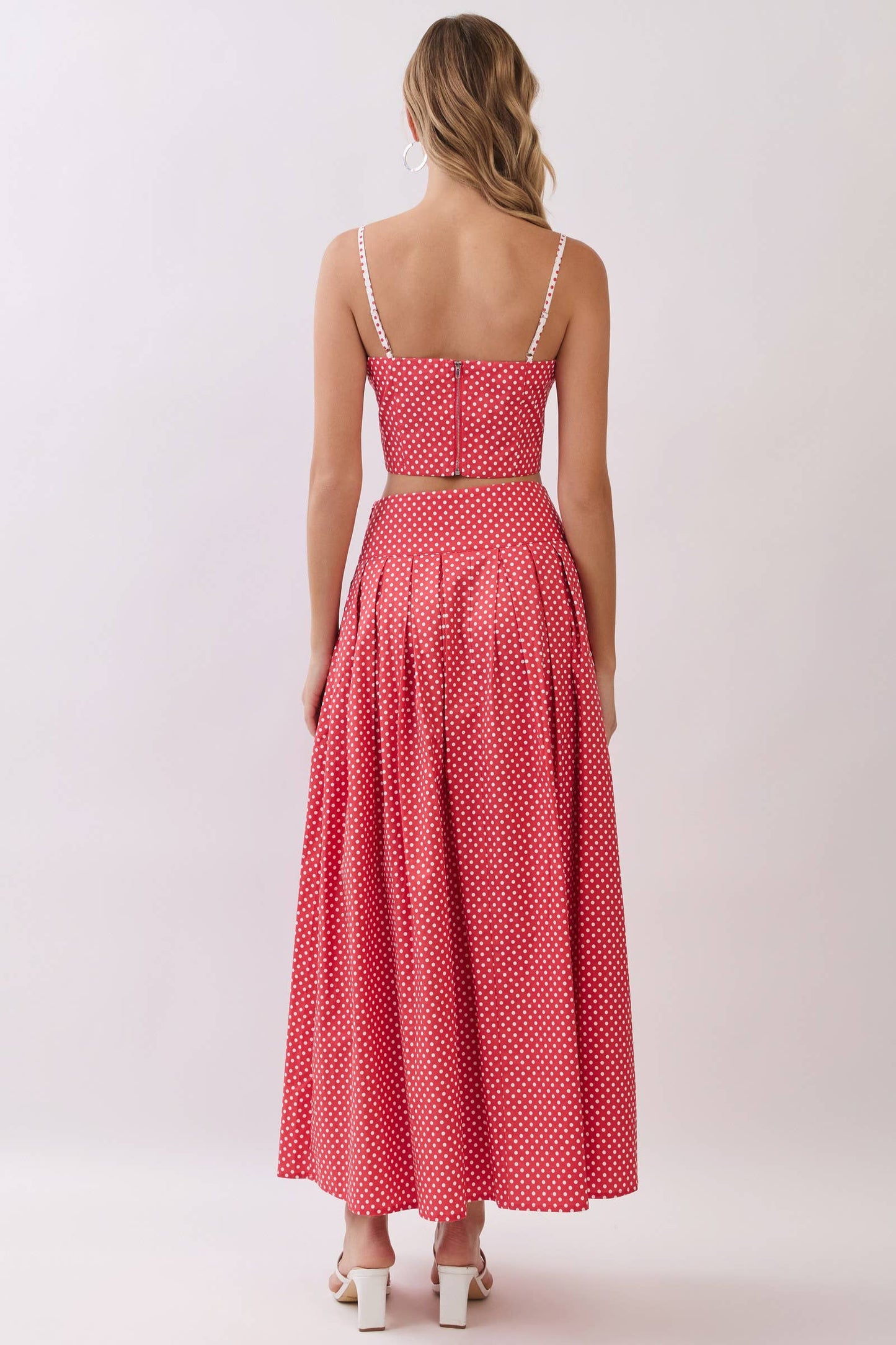 Polka Dot Pleated Maxi Skirt & Square Neck Crop Cami Top