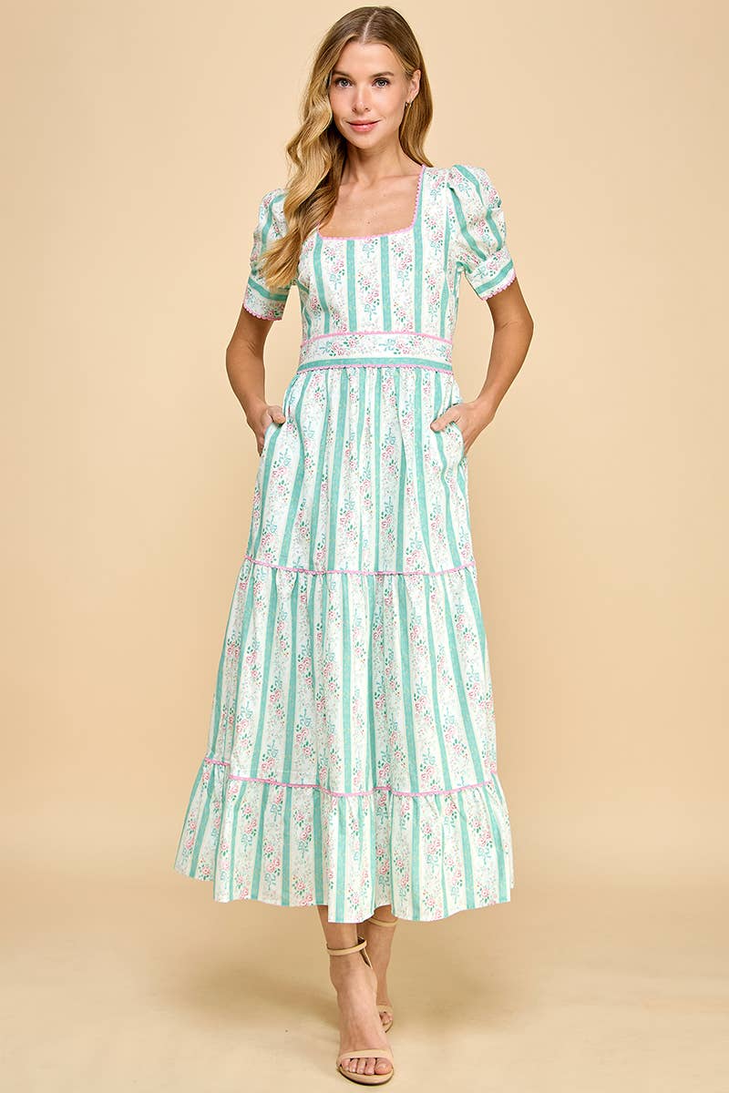 *Striped Floral Cinched Waist Midi Dress