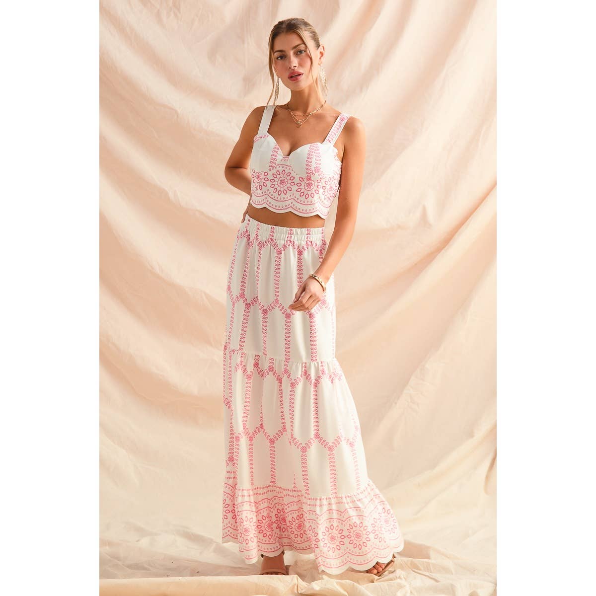 Embroidery Looking Print Woven Top & Skirt Set