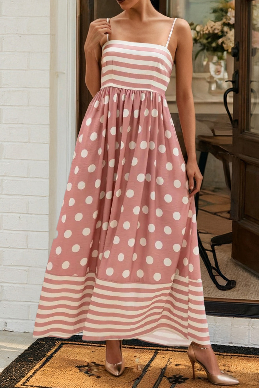 LAS Striped Polka Dot Spaghetti Straps Maxi Dress