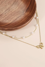 Bow Pendant Pearl Beads Double Layer Necklace: Gold / ONE SIZE