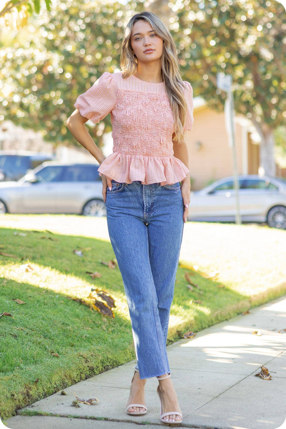 Wavy Smocking Detail Short Puff Sleeve Top