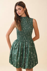 BOW PRINT SHIRRED BODICE BUBBLE HEM MINI DRESS