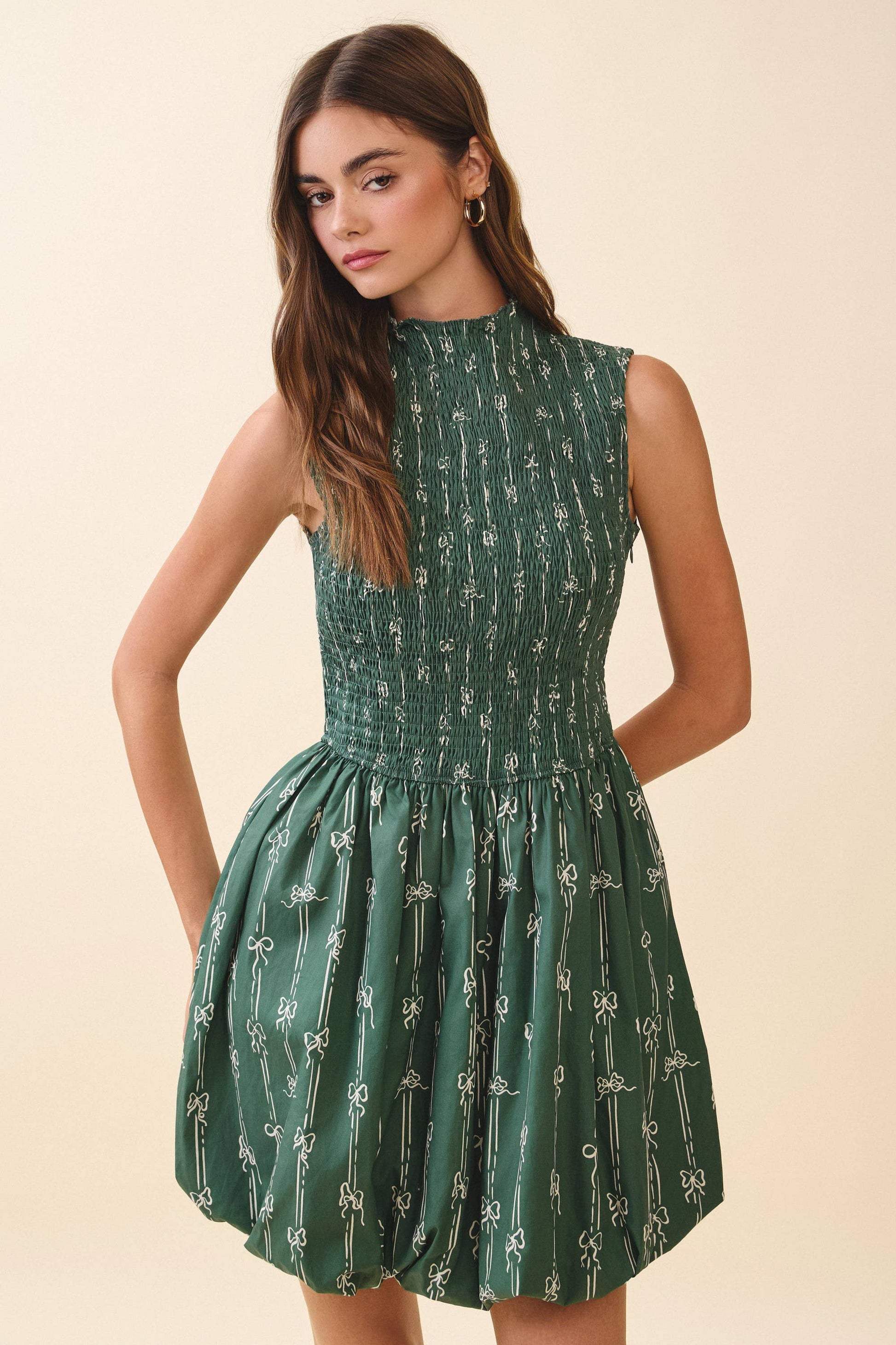 BOW PRINT SHIRRED BODICE BUBBLE HEM MINI DRESS