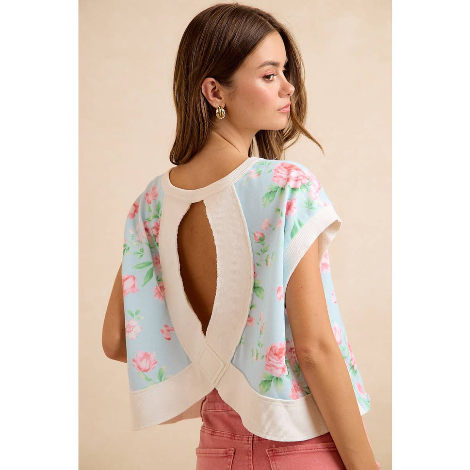 FLORAL PRINTED TERRY OPEN BACK SLEEVELESS TOP
