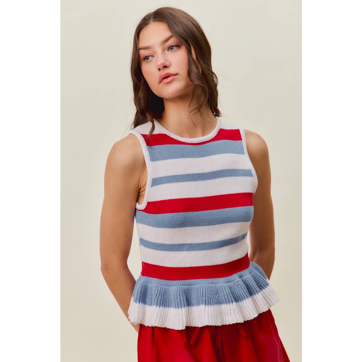 4TH OF JULY STRIPE RUFFLE BOTTOM SWEATER KNIT TOP