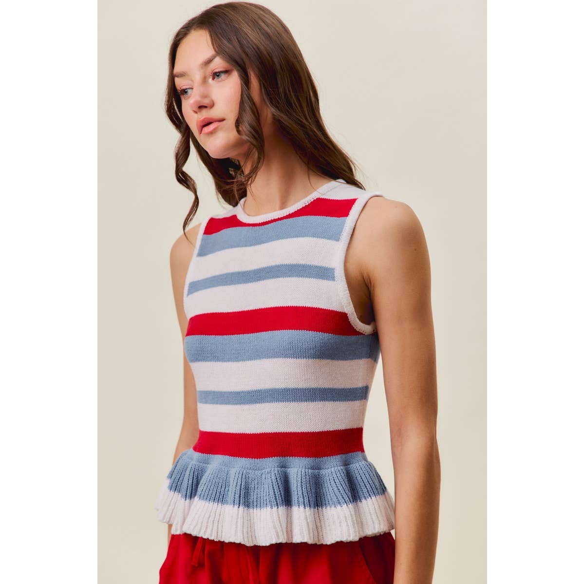 4TH OF JULY STRIPE RUFFLE BOTTOM SWEATER KNIT TOP