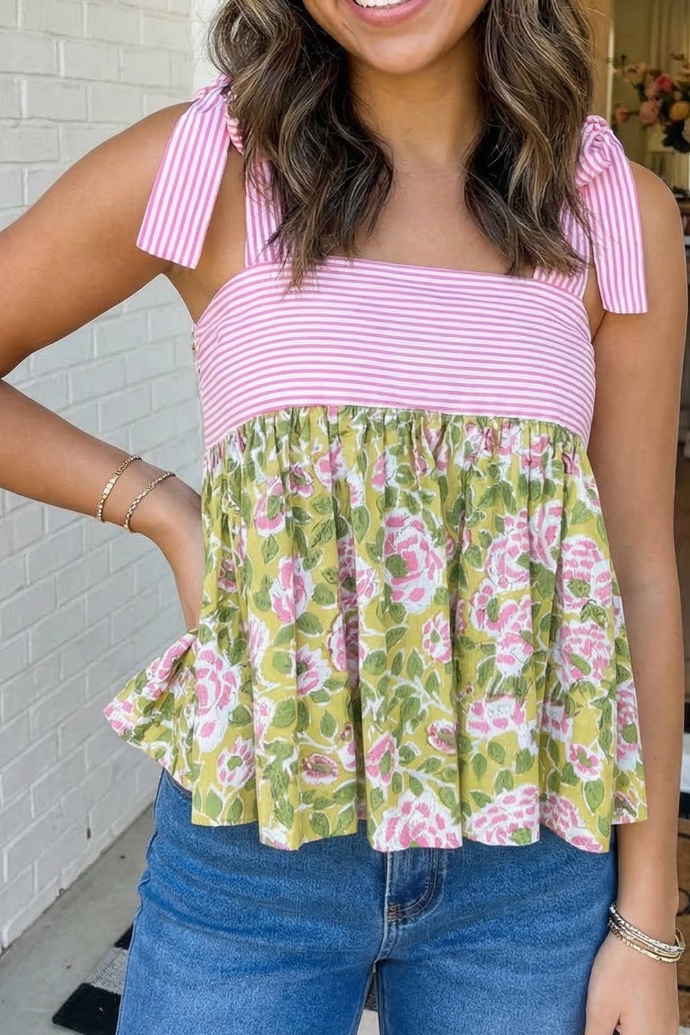 LAS-LIVE Floral Printed Knot Straps Babydoll Tank Top