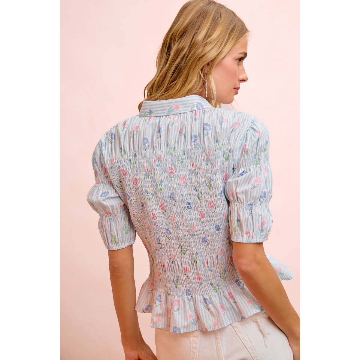 STRIPES AND FLORAL SHORT SLEEVE SHIRRED BLOUSE TOP