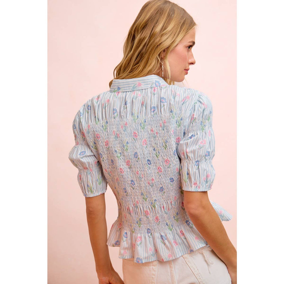 STRIPES AND FLORAL SHORT SLEEVE SHIRRED BLOUSE TOP