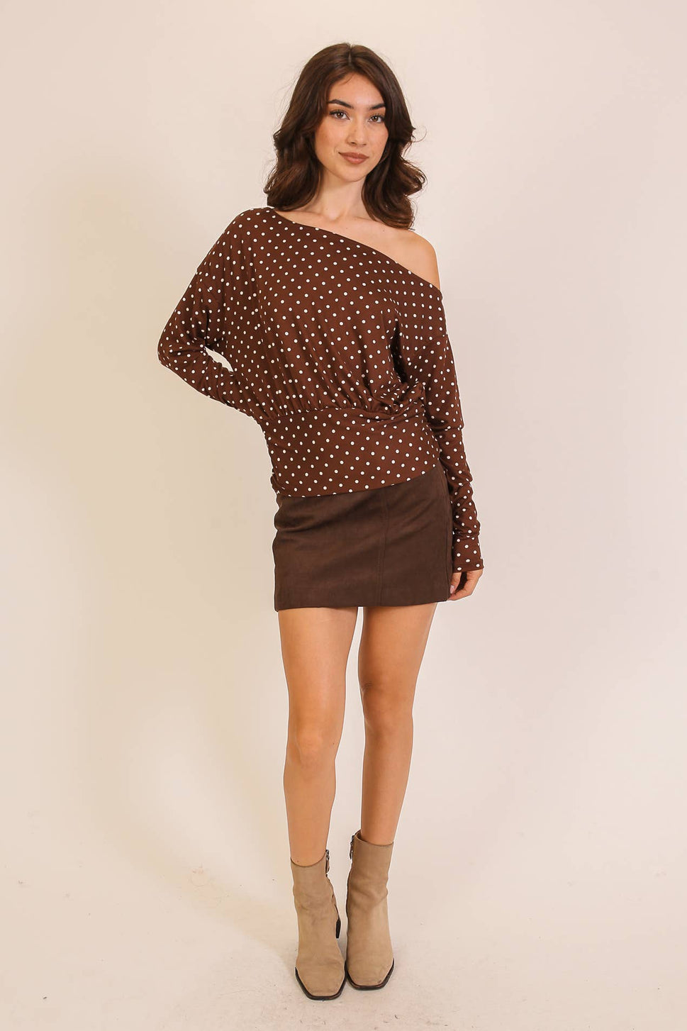 Polka Dot One-Shoulder Ruched Top