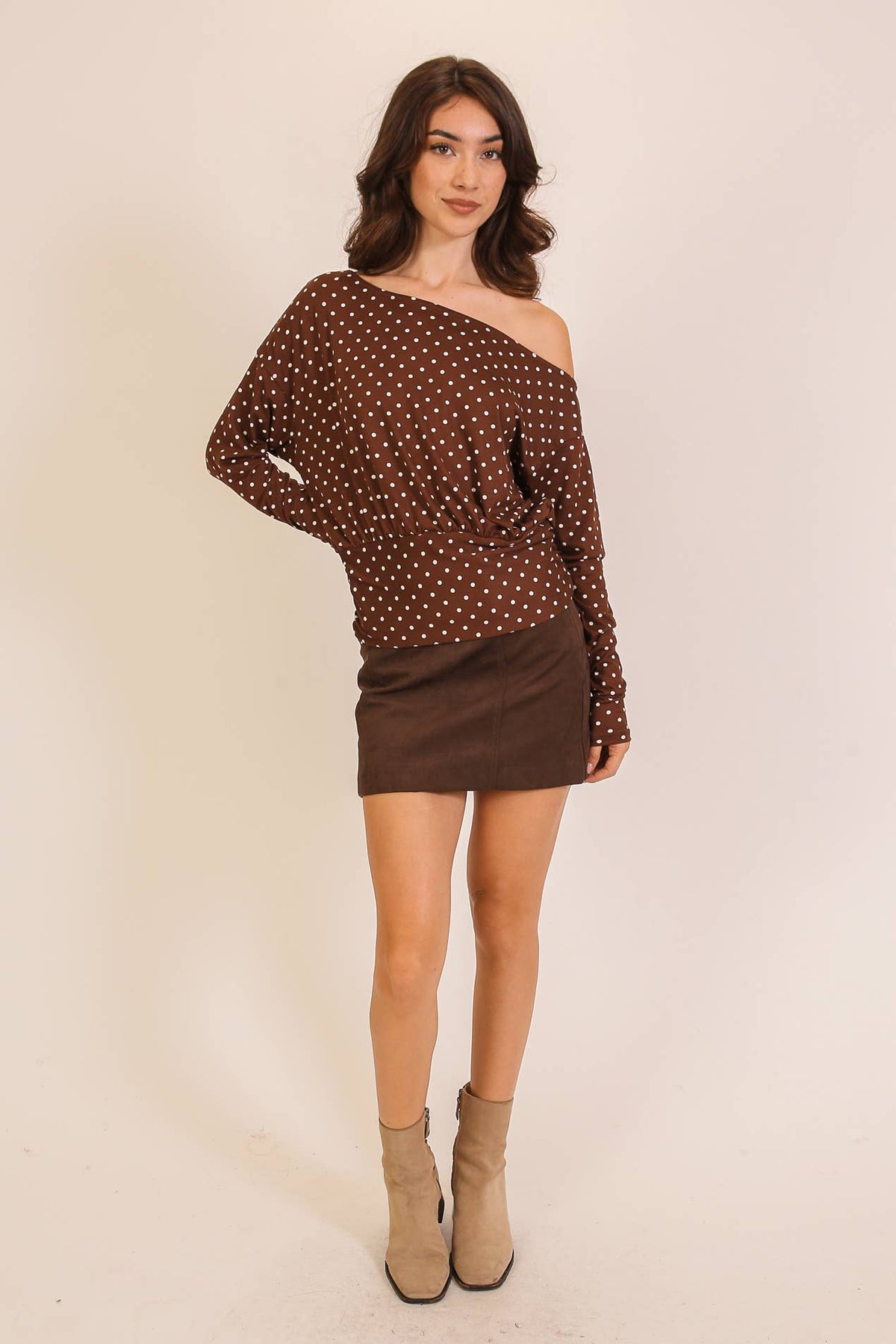 Polka Dot One-Shoulder Ruched Top