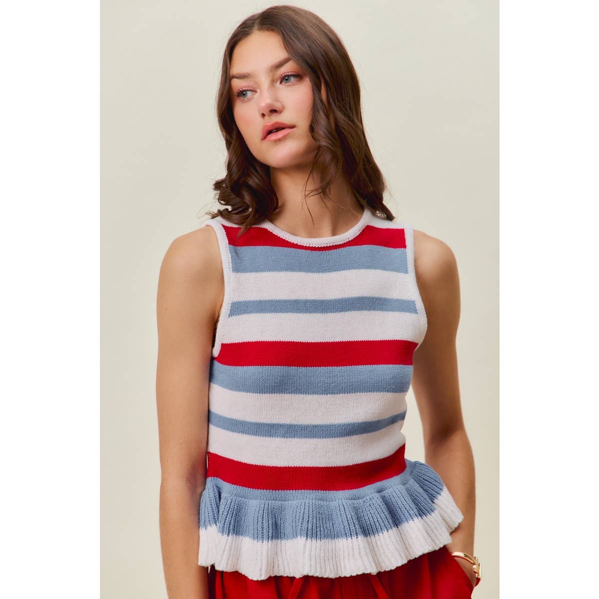 4TH OF JULY STRIPE RUFFLE BOTTOM SWEATER KNIT TOP