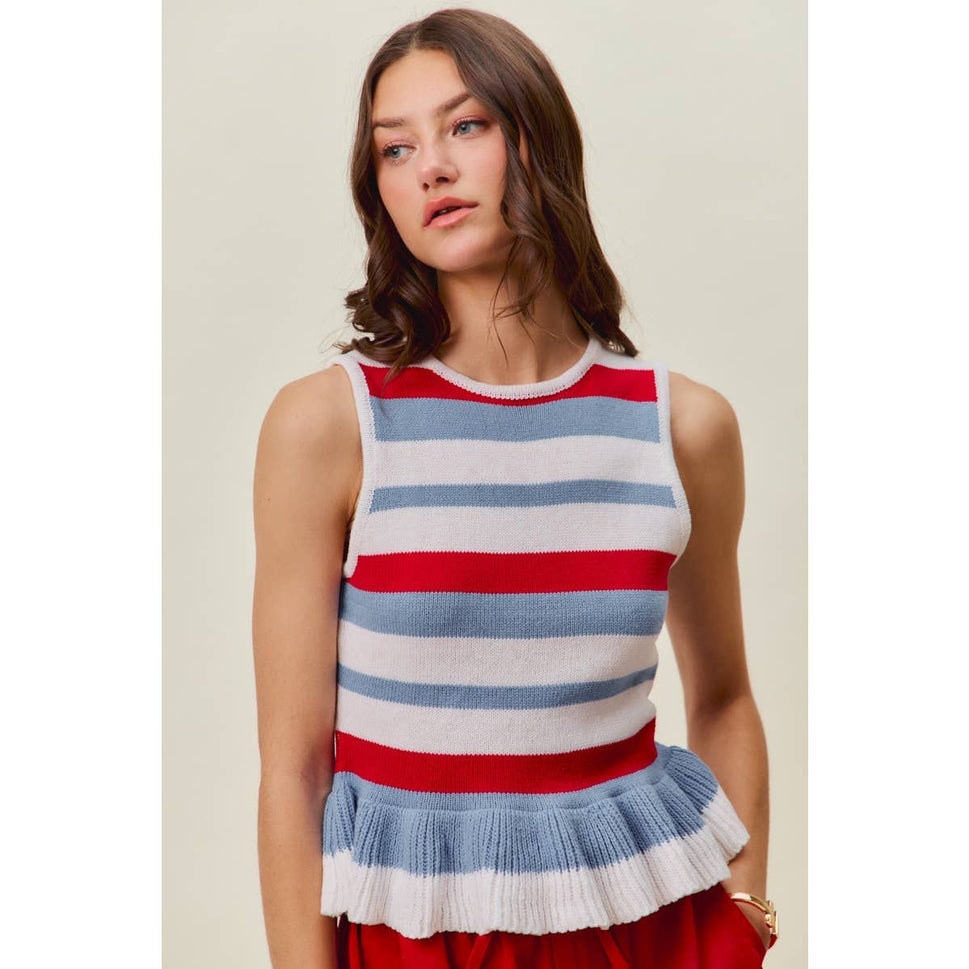 4TH OF JULY STRIPE RUFFLE BOTTOM SWEATER KNIT TOP